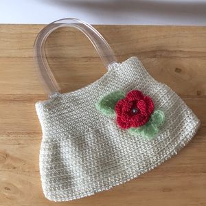 Cream Pink Flower Crocheted Vintage Handbag